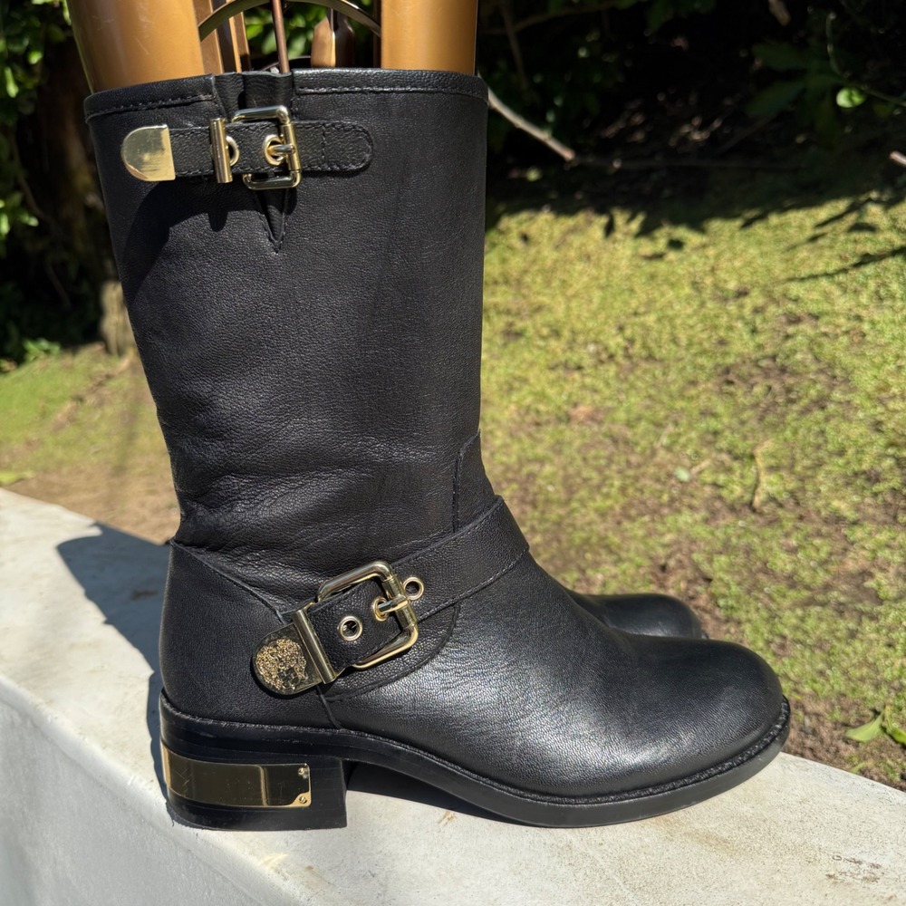 Vince Camuto Winchell‎ Black Leather Moto Boots Gold Buckle Mid Calf Mens 8M 38